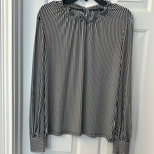 Adrianna Papell Black and White Blouse with Cuffed Sleeves and ruffled Collar
